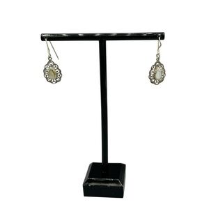 Vintage Silver Tone Teardrop Dangle Earrings Filigree Mother of Pearl Look